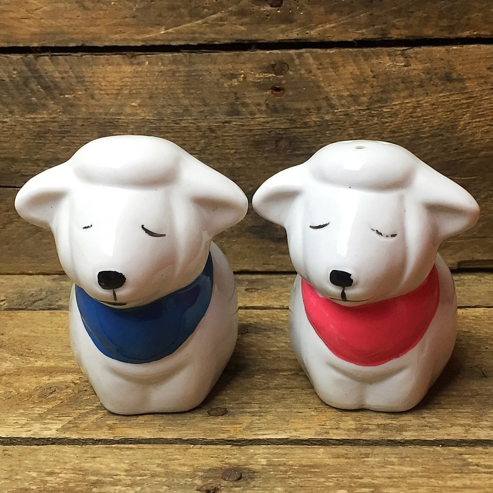 Vintage Sleeping Sheep Salt and Pepper Shakers pink and blue bandanas